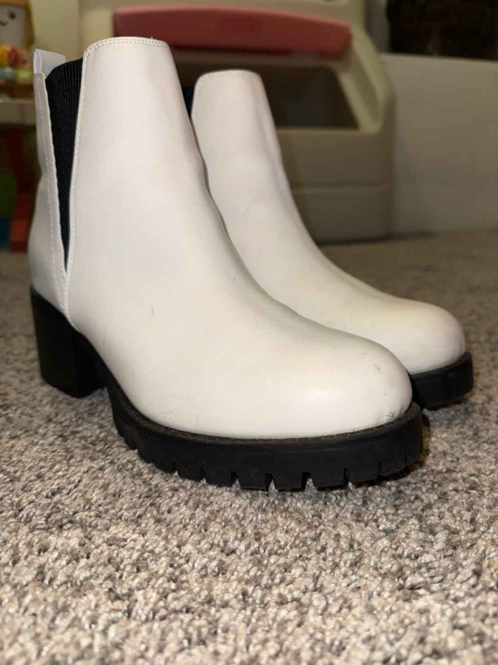 MIA White Chelsea Platform Ankle Boots with Black Lug Sole